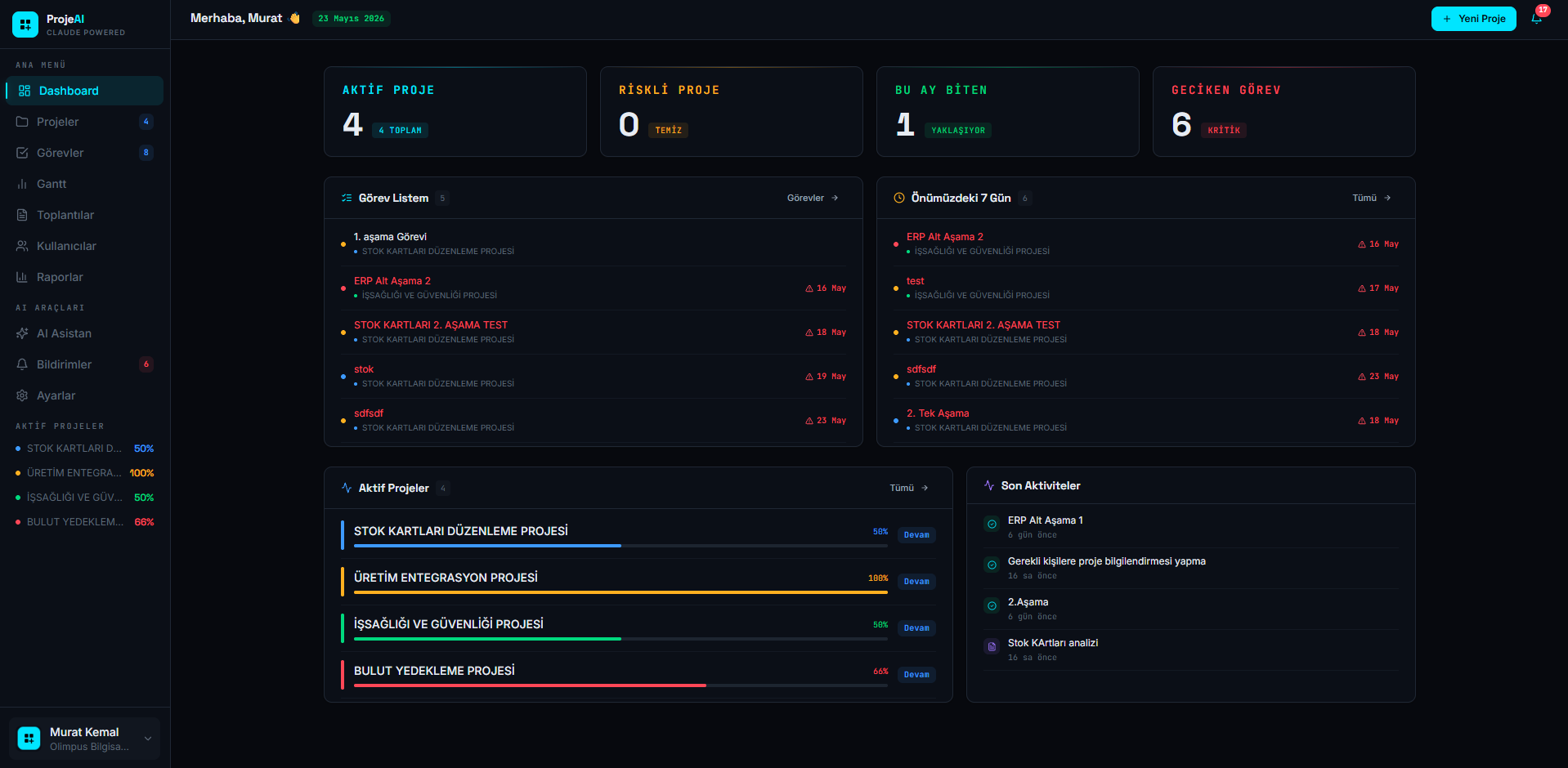 ProjeAI Dashboard ekranı