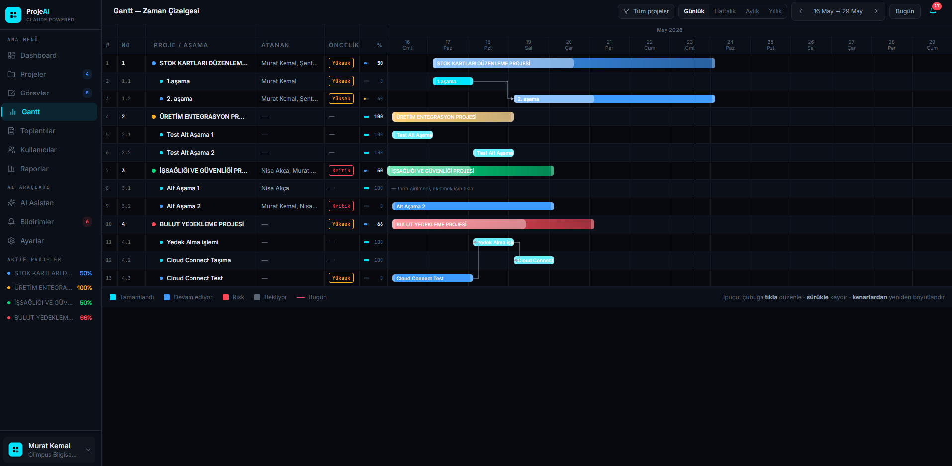 ProjeAI Gantt Şeması ekranı